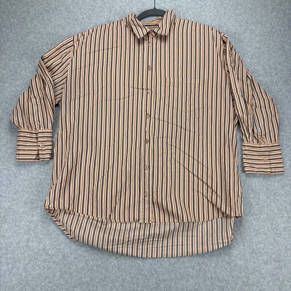 Liverpool Button Down Shirt Womens L Brown Striped 3/4 Sleeve Hi Low Tunic Top